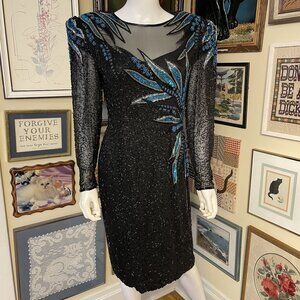 90s Vintage AJ Bari Black Blue Silver Silk Long Sleeve Cocktail Dress Size 10